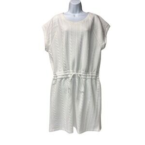 T by Talbots Womens XL Crewneck T-Shirt Dress Cable Jacquard White Drawstring